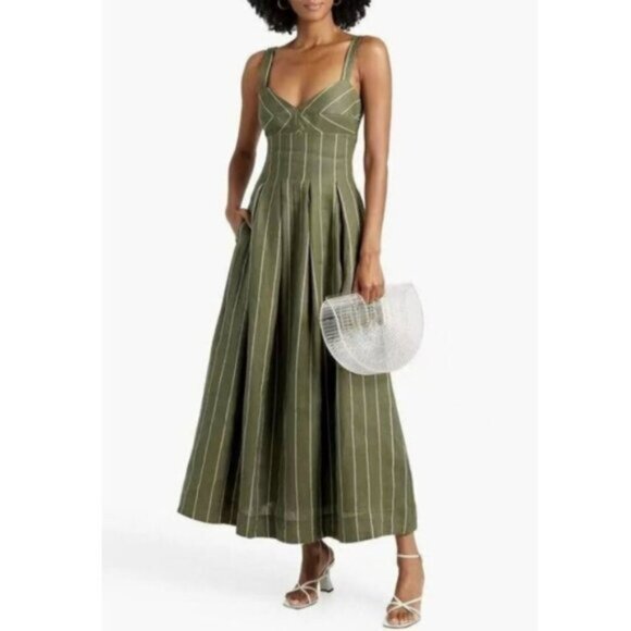 NWT NICHOLAS Selene Seamed Cami Linen Olive & White Striped Maxi Dress - Picture 2 of 16
